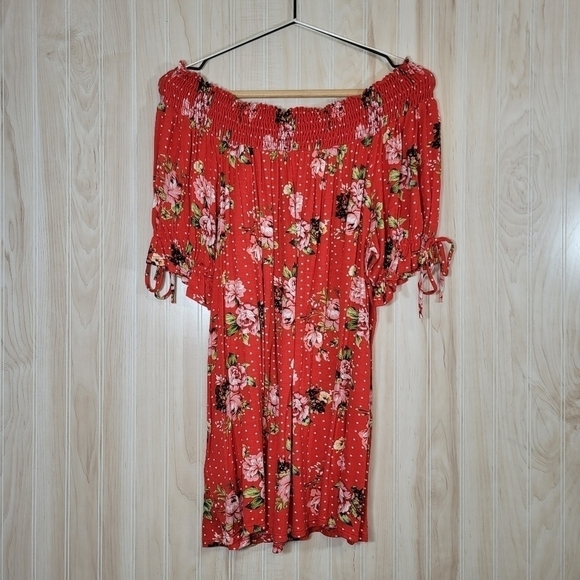Misia Red Floral Off-The-Shoulder Cici Blouse Top Sz Lg - Picture 6 of 6